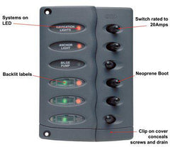 BEP Switch Panel DC Contour Waterproof 6xOn/Off Gr