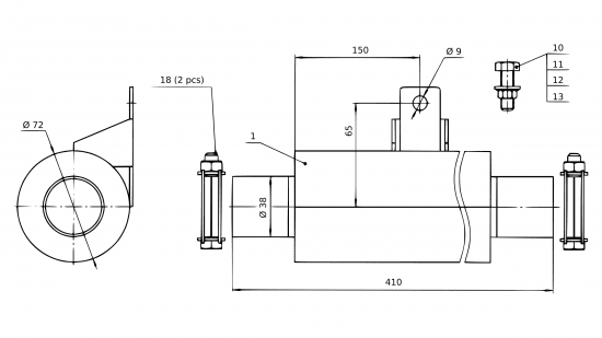 Ritning över avgasljuddämpare Ø 38 mm
